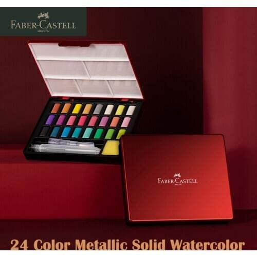 FABER CASTELL 24 Colors Professional Solid Watercolor Paints With Brush Pen Metallic Pearlescent Colors Solid Watercolor Pigment