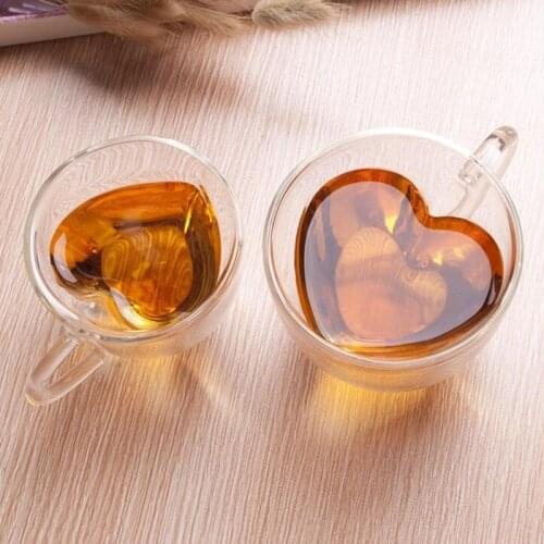 Transparent Glass Milk Cup Double Layers Heart-shaped Coffee Mug Heat Resistant Teacup Kitchen Drinkware Valentines Day Gift