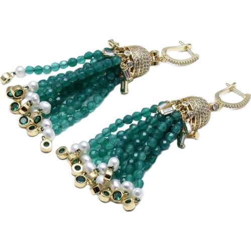 GG Jewelry Natural Cultured White Pearl Green Agates Crystal CZ Gold Plated Hook Earrings CZ Fitting For Women Girl Gifts