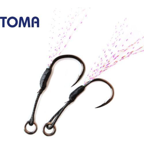 TOMA 6PCS/set Black Nickel Jig Assist Hook 12# 14# Metal Fishing jigging hooks Japan PE Line With Feather Saltwater Fishhooks
