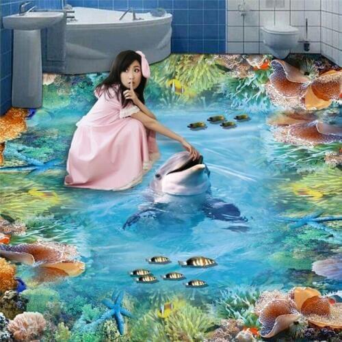 Wellyu Custom large-scale mural pvc floor dolphin coral reef 3D painting background wall thickened wear-resistant green floor
