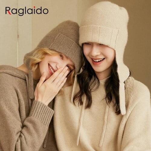 Winter Trapper Hat 100% Goat Cashmere Bomber Hats Women Warm Soft Stylish Fashion Knitted Ear Hats