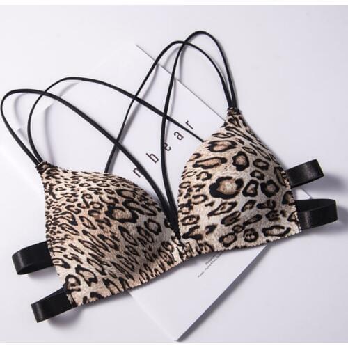 Fashion Leopard Print Bras Front Buckle Deep V Gather Bras Lingeries Cross Beauty Back Floral Women Bras