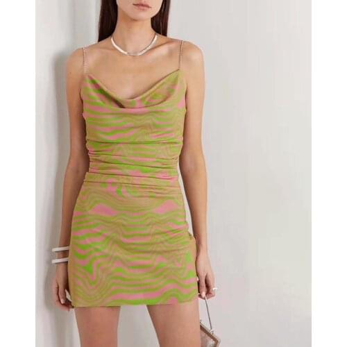 Print Hit Color Dress For Women Square Collar Puff Sleeve High Waist Tunic Ruched Mini Dresses Female 2020 Summer New K927