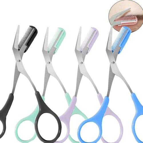 Stainless Steel Eyebrow Trimmer Scissors Comb Brow Hair Scissors Clips Shaping Razor Grooming Trimmer Makeup Accessories 1Pc