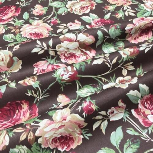 100% cotton twill DARK BROWN big fuchsia flower floral fabrics for DIY girl dress apparel patchwork handwork bedding home decor