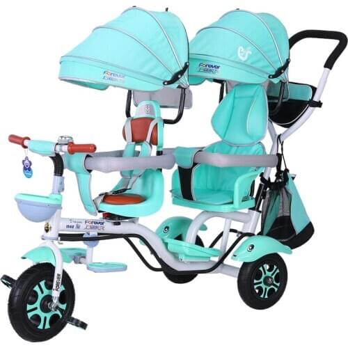 4 in 1 Twin Baby Stroller Childrens Tricycle Double Seat Bicycle Baby Infant Child TrolleyTravel Umbrella Carriage1-6Y