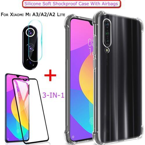 Airbag Case + Glass for Xiaomi-Mi-A3 Mi-A2-Lite Soft Anti-shock TPU Case Xiaomi Mi A 2 Screen Protector Case Xiaomi A 3 A3 Cover