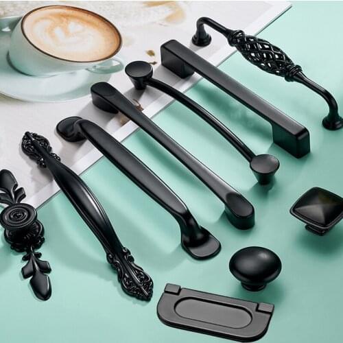 American Style Black Door Knobs and Handles for Cabinet Kitchen Cupboard Aluminum Alloy Furniture Handles Hardware Drawer Pulls