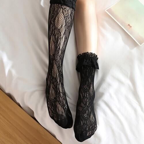 Women Girls Ultrathin Floral Lace Anklet Socks with Ruffle Cuff Japanese Style Lolita Kawaii Solid Color Elastic Sheer Fishnet S