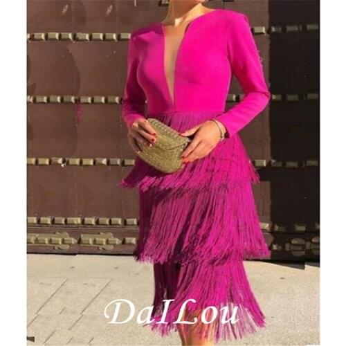 Sheath / Column Hot Party Wear Cocktail Party Dress Jewel Neck Long Sleeve Tea Length Polyester with Tassel 2021