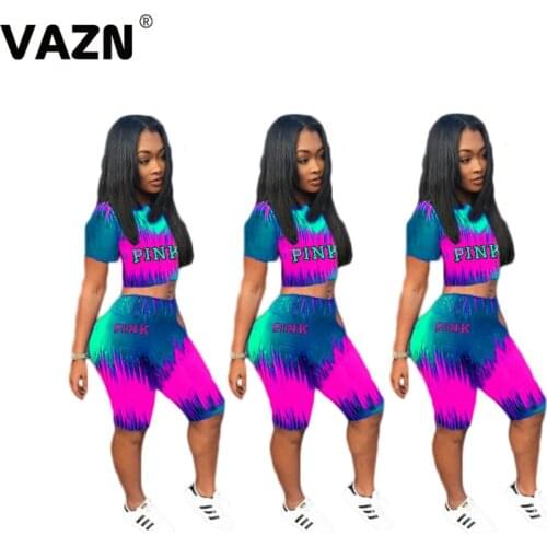 VAZN 2020 Punk Style Colorful Bohemian Fashion Women Clothes Outfit O-neck Sexy Short Sleeve Short Pant Two Pieces Set