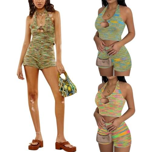 Hirigin Women Knitted Clothing Set Hollow Out Metal Ring Halter Sleeveless Low-cut Lace-up Tops And High Waist Slim Short Pants