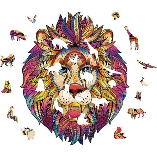 Lion Wooden Jigsaw Puzzles DIY Crafts Unique Animal Shape Pieces 3D Puzzle Toys for Kids Adults Family Game Children Gift
