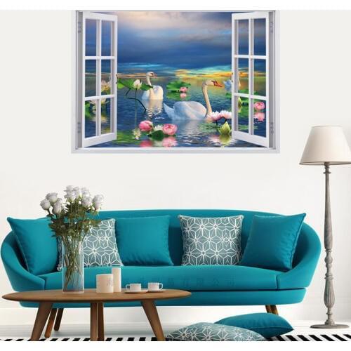 False window landscape Lotus pond Swan wall stickers PVC Material 3D Wall Poster For Living room Study room Home Decor murals