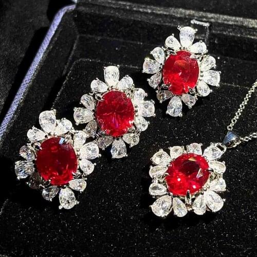 925 Silver Fashion High-end Jewelry Set Full Diamond Red Corundum Ring Exquisite Earrings Pendant Necklace Women Gift Wholesale