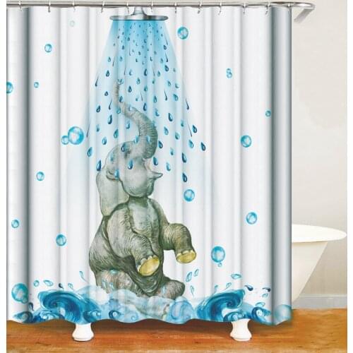 Cartoon Shower Curtain Elephant Bathing Pattern Bath Accessories with 12 Hooks Waterproof Polyester Fabric Bathroom Decor