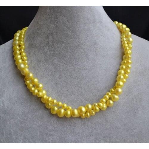 New Classic Pearl Necklace 2Rows Freshwater Pearl Necklace 6-9mm Yellow Real Pearl Fashion Jewelry Handmade Wedding Pearl