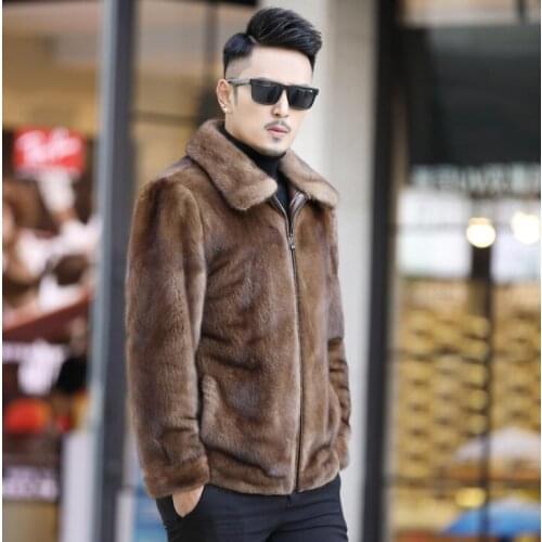 Autumn brown faux mink fur leather jacket mens winter thicken warm fur leather coat men loose jackets fashion B193