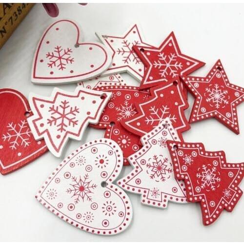 10pcs Mix White/Red Wood Merry Christmas tree Heart Buttons Sewing Craft WB492