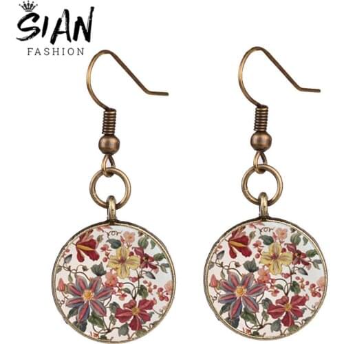 SIAN Vintage Mandala Art Photo Round Earrings Henna Yoga OM Symbol Zen Buddhism Glass Cabochon Drop Earrings for Women Jewellery