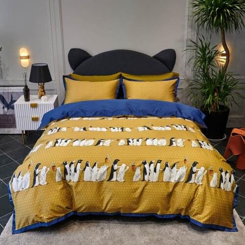 Svetanya Penguin Egyptian Cotton Bedding Set Queen King Size Linens (Flat Fitted Sheet Pillowcase Duvet Cover)