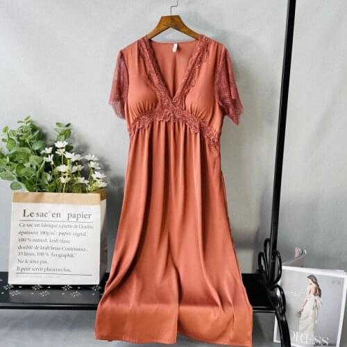 Loose Nightgown Satin Women Sleep Dress Soft Sleepwear Lace Patchwork Long Nightdress Home Dressing Gown Casual Lingerie