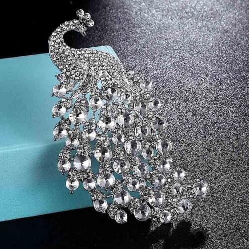Zlxgirl Big size rhinestone peacock wedding brooches jewelry women scarf pins nice bridal pin brooch bouquet hat and bags bijoux