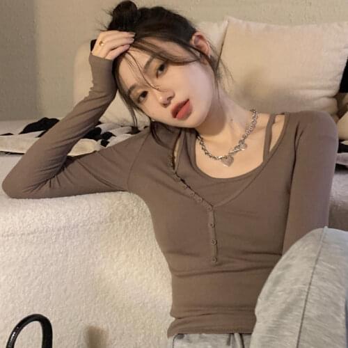 T-shirt Womens Irregular Short Slim Long Sleeve Bottoming Shirt 2021 Spring New Tights Two-piece Suit