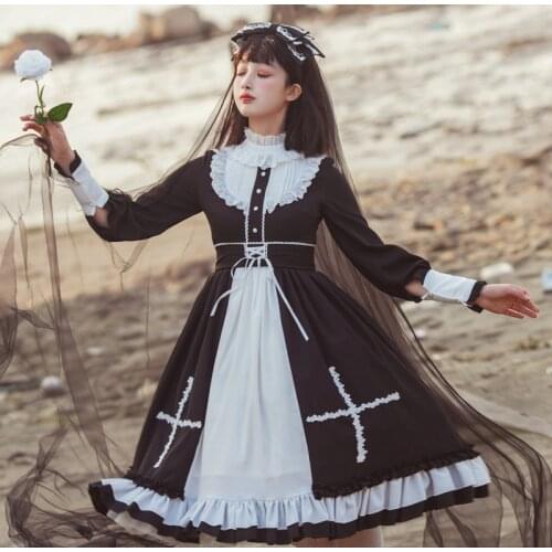Holy Cross Jsk Vintage Kawaii Gothic Victoria Women Dress Lolita Dress Cosplay Costume Girl Lace Ruffle Edge Long Sleeve Dress