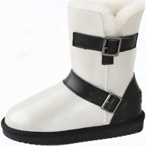 Winter Sheepskin Snow Boots Handsome Womens Boots Shearling Fur Boots Wool Buckle Sheep Genuine Leather Female Calf Boots