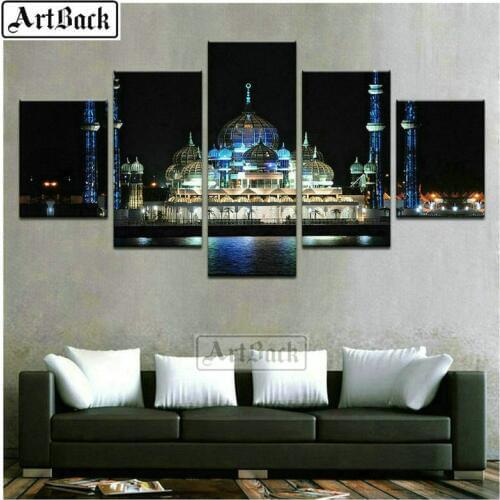 5 paintings mosque night view 5d diy diamond painting islamic full square 3d diamond embroidery muslim sticker Ramadan Gift