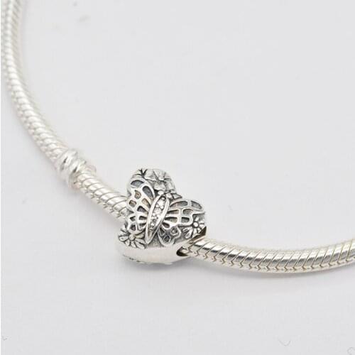 925 Sterling Silver CZ Transparent Zircon Heart-Shaped Carved Butterfly Pendant Charm Bracelet DIY Jewelry For Original Pandora