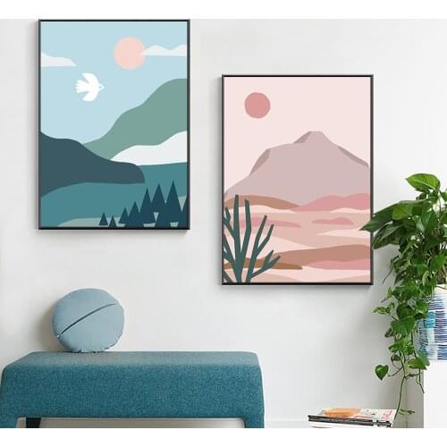 Abstract Landscape Canvas Painting Nordic Cartoon Mountain Sun Poster Modern Wall Art Pictures For Living Room Home Decor