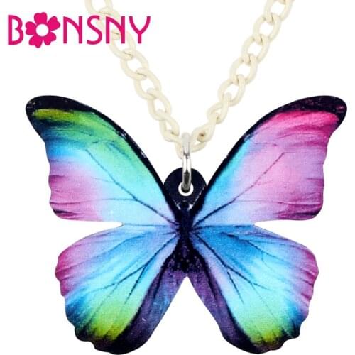 Bonsny Acrylic New Fashion Colorful Butterfly Necklace Pendant Chain Choker Insect Jewelry For Women Girls Bijoux Gift Wholesale