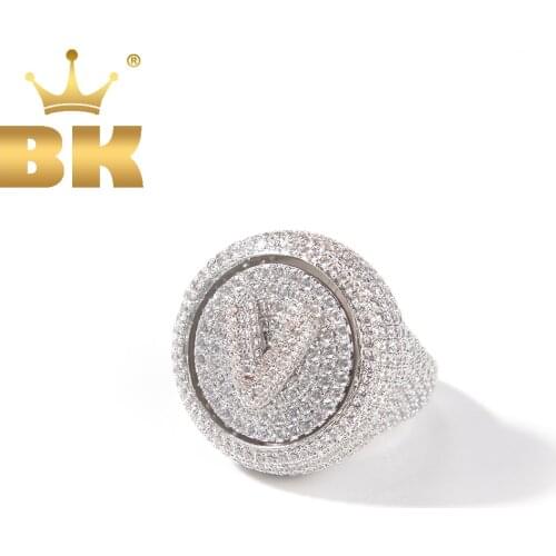 THE BLING KING Custom Initial Bubble Letter Spinning Ring Iced Out CZ Personalized Rotatable Party Rings Hiphop Jewelry For Men