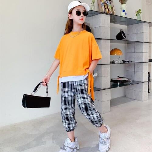 2021 Spring Summer Kids Tracksuit Children Girls Clothes Casual T-Shirt + Plaid Pants Suit Teenager 6 7 10 11 12 14 year