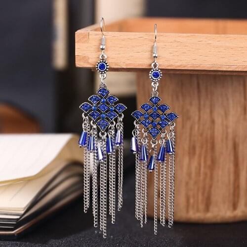 Ethnic Blue Crystal Geometry Earrings For Women Classic Long Chain Tassel Wedding Earrings Jewelry Hangers