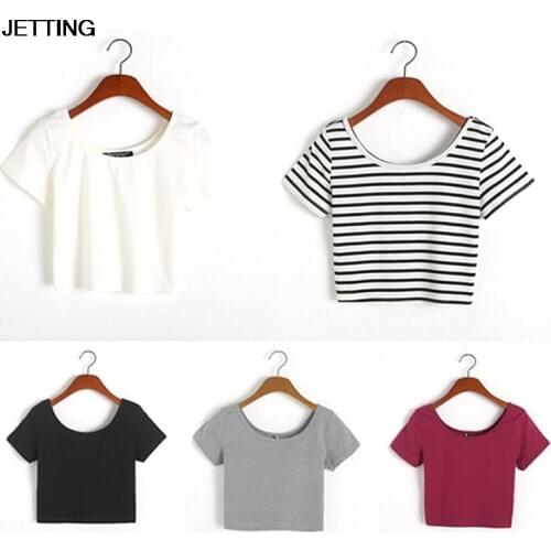 Solid Color Ladies Short Sleeve t shirt Summer Sexy Crop Top women tops Basic Stretch T-shirts Bare Midriff easy match