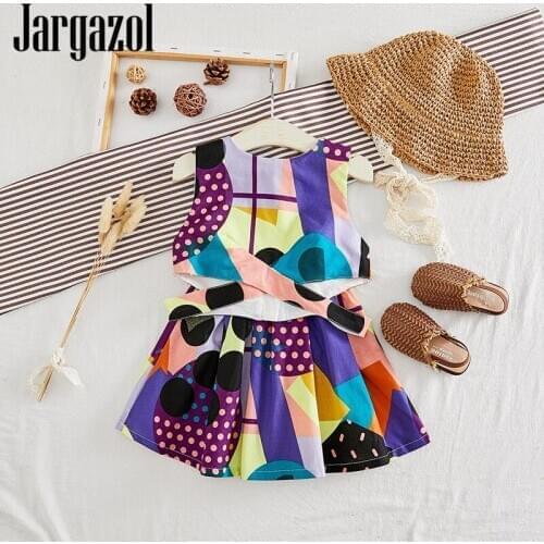 Jargazol Summer Kids Clothes Fashion Korean Girls Fall Outfits Cartoon Graffiti Vest&skirt Korean Cute Little Girl Clothing Set