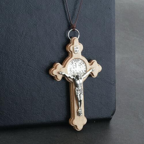 Catholic Crucifix Wood Latin Cross Pendant Necklaces Adjustable Large Prayer Necklace Leather Rope Chains INRI Religious Jewelry