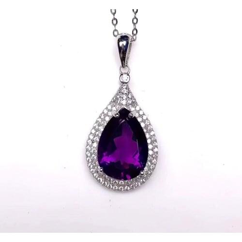 Classic Silver Water Drop Pendant 10*14mm Natural Amethyst Pendant for Party Solid 925 Silver Amethyst Jewelry Gift for Wife
