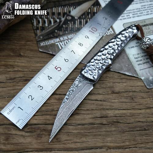 LCM66 Damascus Steel Folding knife Handmade forged Pocket knife hunting knife 60HRC steel handle with Portable knife Tools Sharp