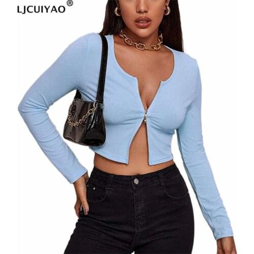 LJCUIYAO White Black Zip Up T-Shirt Ribbed Knitted Long Sleeve Strech Irregular Casual Sexy Women Autumn Tops 2021 Streetwear