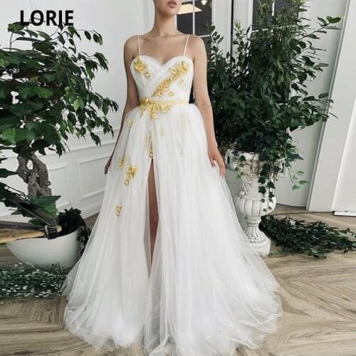 LORIE Lace Appliques Short Tulle Prom Dresses 2021 Spaghetti Straps Floor Length Evening Dress Side Split Party Robes De Soirée