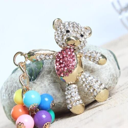 Bear Hot Pink Keyring Arm Move Bead Pearl Balloon Cute Rhinestone Crystal Purse Bag Car Key Chain Birthday Party Wedding Gift
