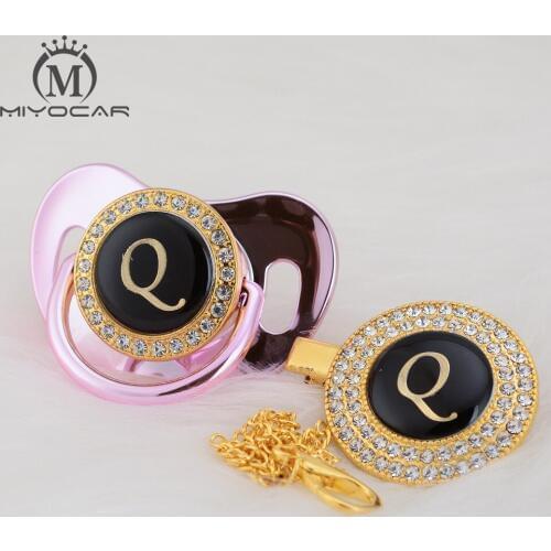 MIYOCAR name Initial letter Q elegant silver bling pacifier and pacifier clip BPA free dummy bling unique design LQ
