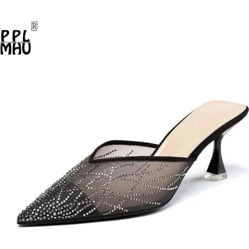 Fashion Pointed Toe Stiletto Womens Sandals 2021 Summer New Style Baotou Half Slippers High-heeled Chunky Heighten Female Shoes