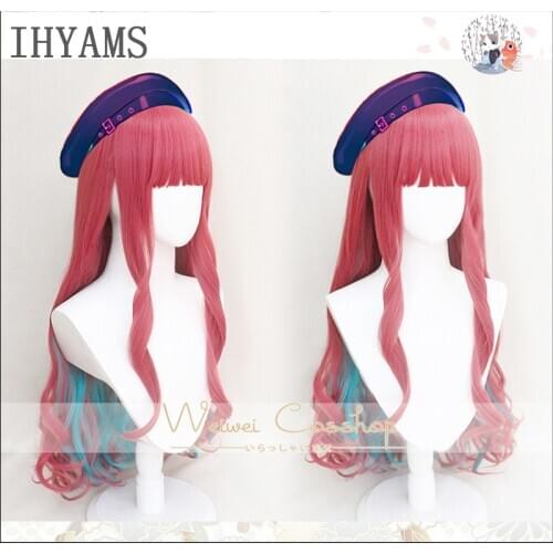 HIP HOP Paradox Live BAE Anne Faulkner Cosplay Wig 80cm Long Curly Pink Blue Mixed Synthetic Hair Halloween Party + Wig Cap