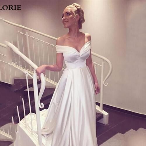 LORIE Elegant Wedding Dress Off the shoulder White /Ivory Satin A-line Short Bride Gowns Beach Zip Back Wedding Gown